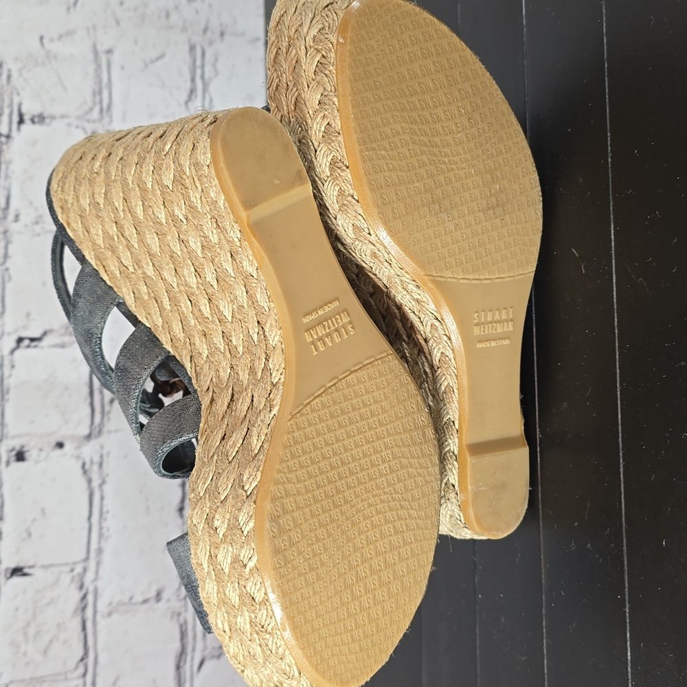 Stuart Weitzman Denim and Tan Espadrilles-Style Wedge Sandals Size 8.5 - Picture 10 of 10